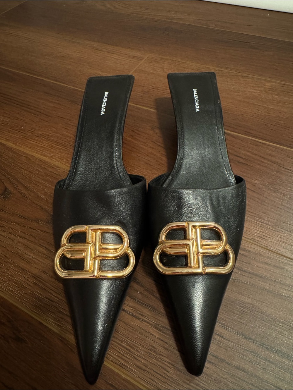 Balenciaga Black Leather Pointed Mules with Gold BB Logo